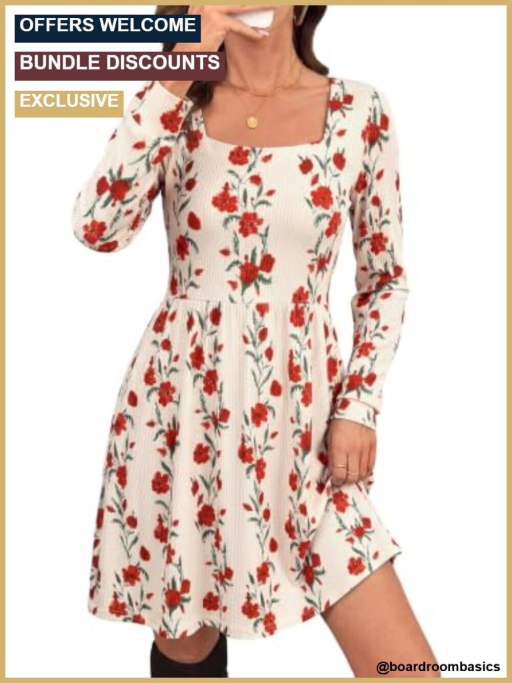 Women's Floral Ribbed Knit Square Neck Mini Dress with Pockets